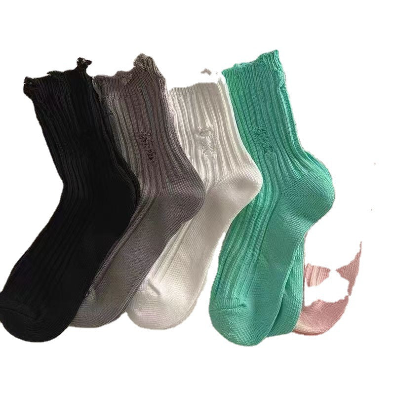 Distressed Ripped Crew Socks | Trendy Cotton Casual Everyday Socks