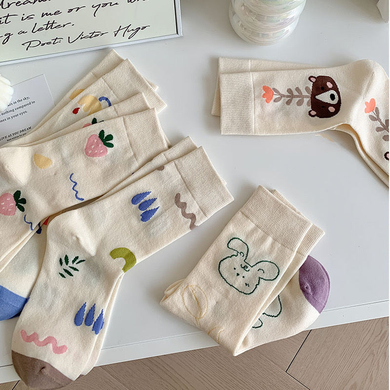Cute Cream Novelty Crew Socks for Women | Casual Patterned Socks