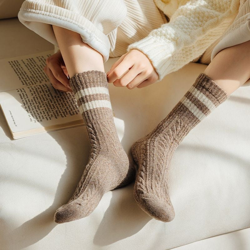 Cable Knit Two-Stripe Cozy Crew Socks for Women