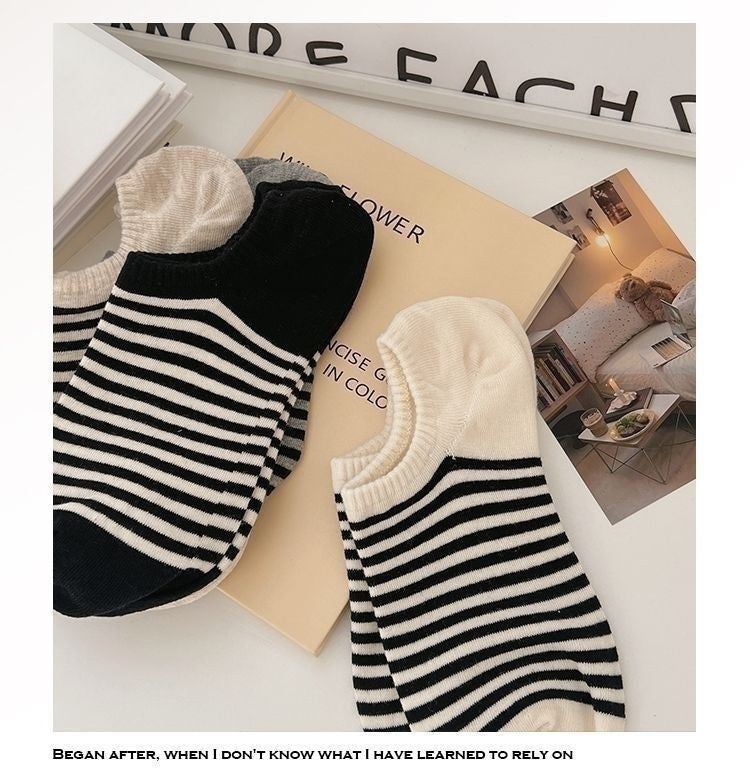Striped No-Show Socks for Women | Non-Slip Invisible Cotton Socks