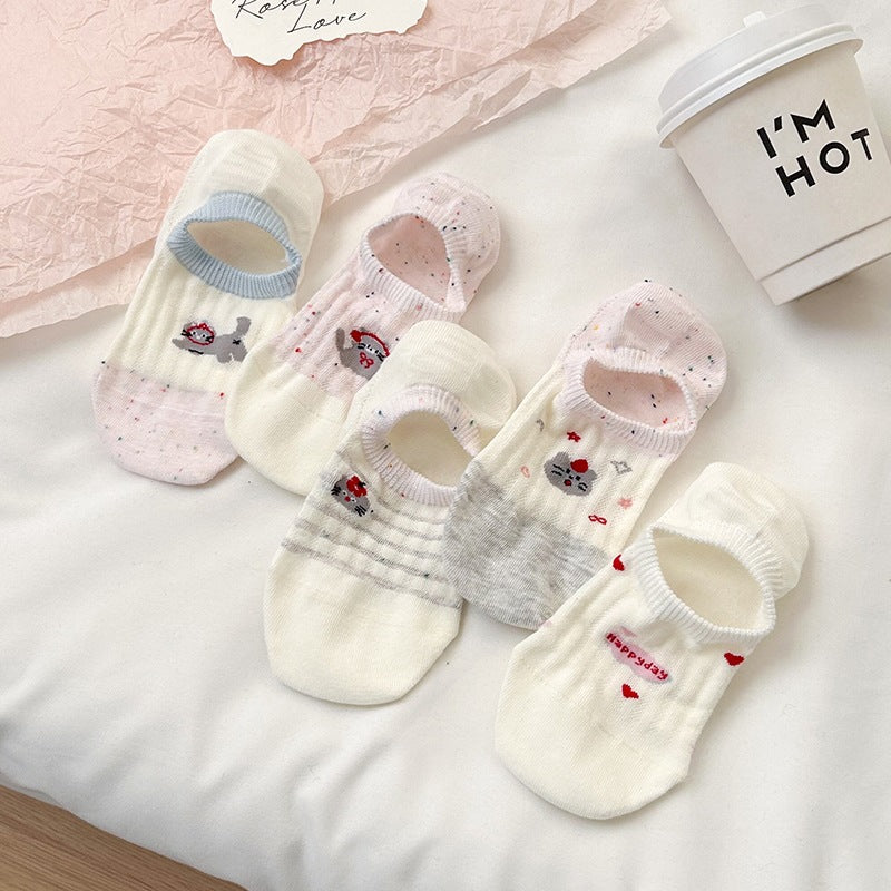 Cute Cotton No-Show Socks for Women | Non-Slip Cat Print