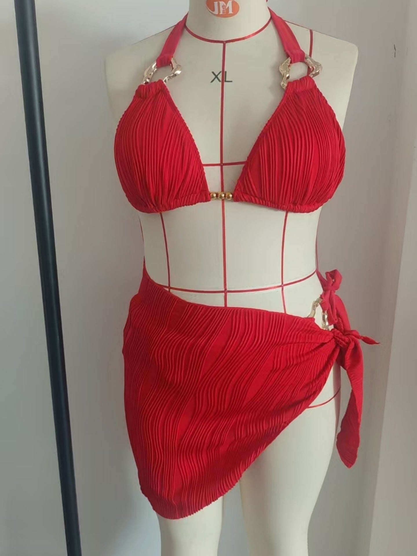 Red Halter Plus Size Bikini Set With Wrap Sarong | Sexy Beach Swimwear