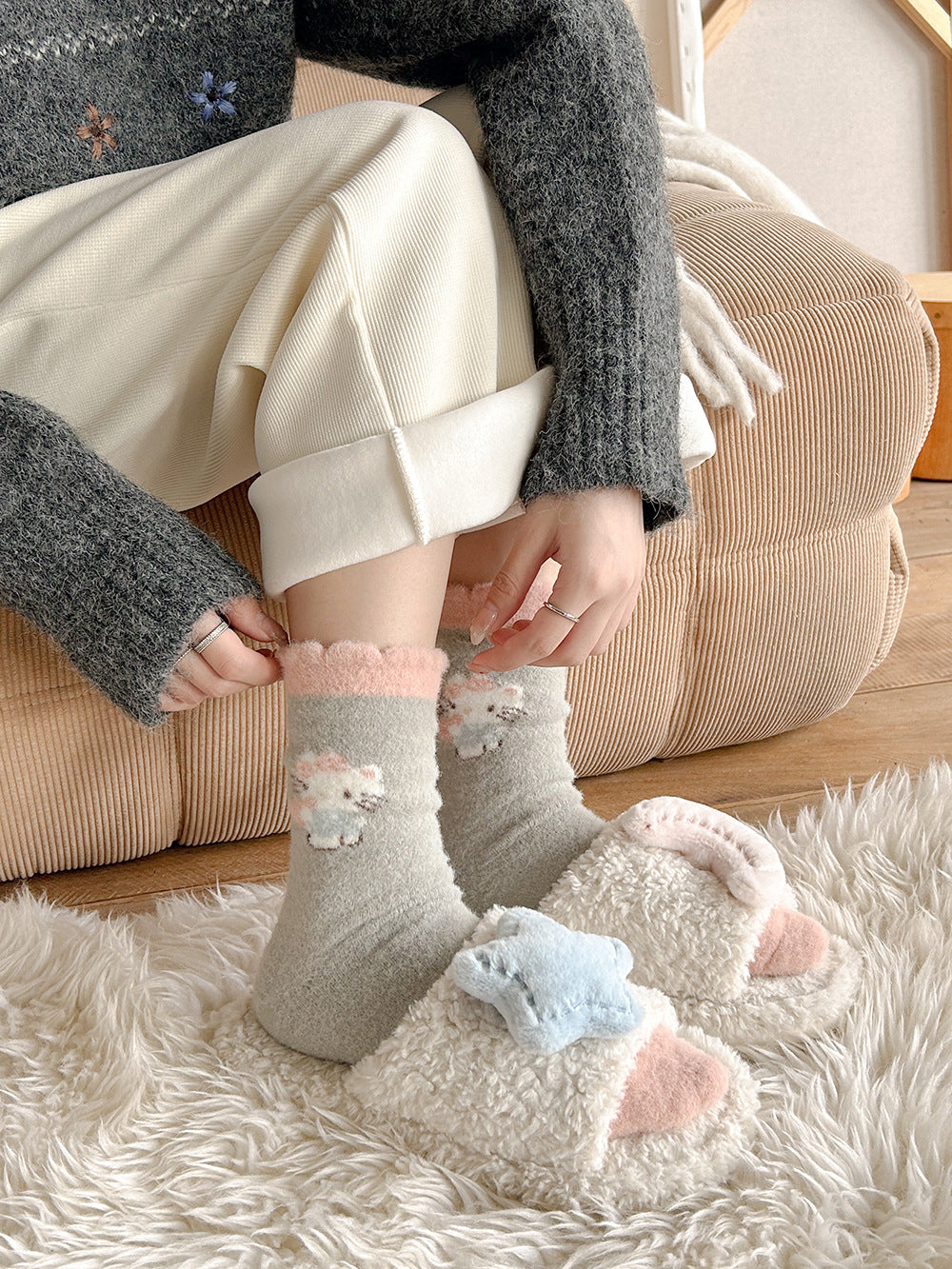 Cute Fuzzy Cozy Crew Socks | Hello Kitty Winter Socks for Women