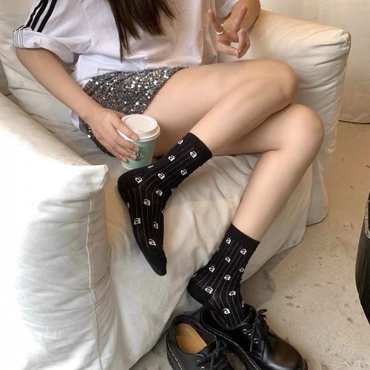 Thin Letter Print Cotton Crew Socks | Casual Socks for Women