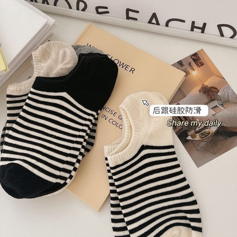 Striped No-Show Socks for Women | Non-Slip Invisible Cotton Socks