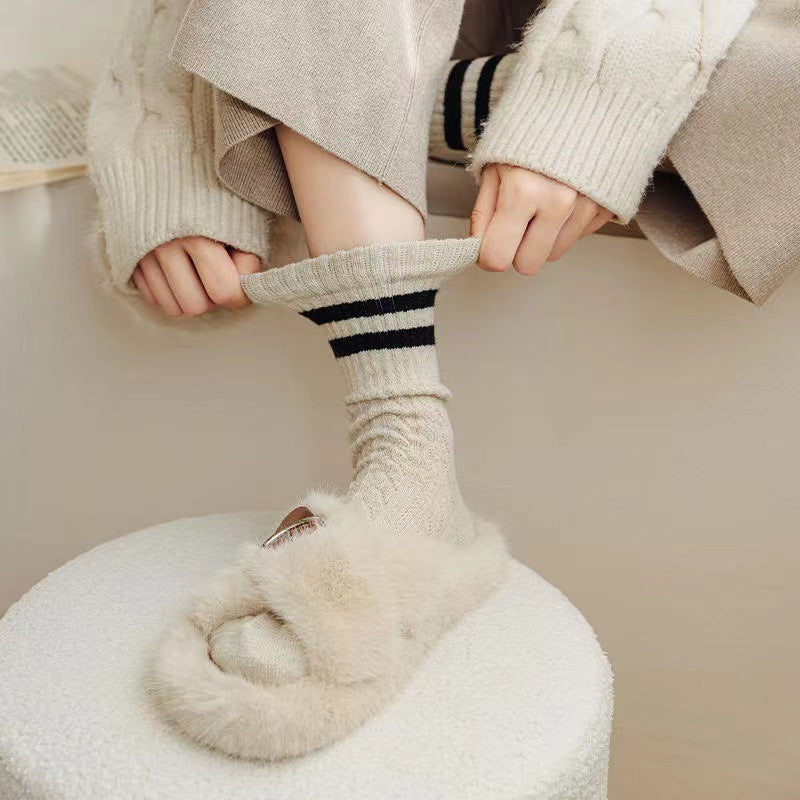 Cable Knit Two-Stripe Cozy Crew Socks for Women