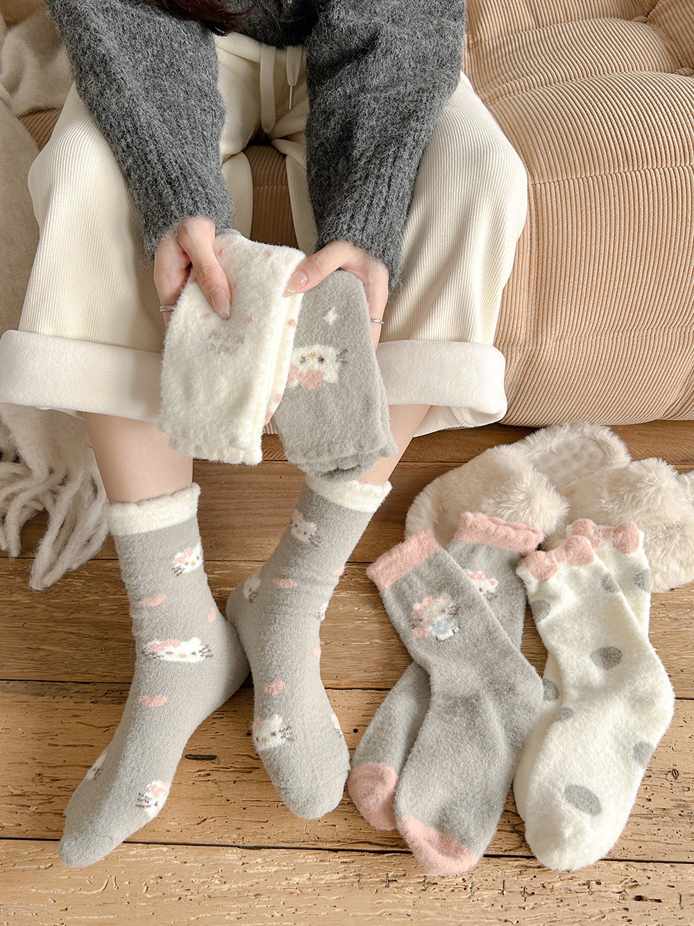 Cute Fuzzy Cozy Crew Socks | Hello Kitty Winter Socks for Women