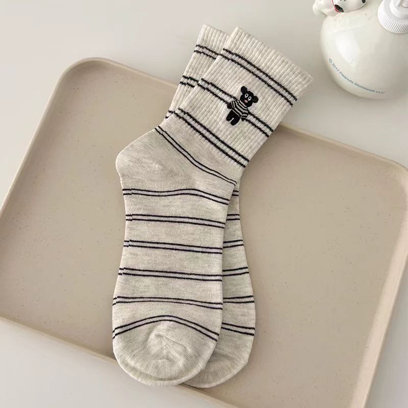 Cute Embroidered Striped Crew Socks for Women