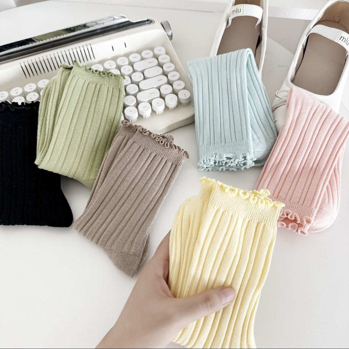 Ruffle Trim Solid Cotton Crew Socks for Women