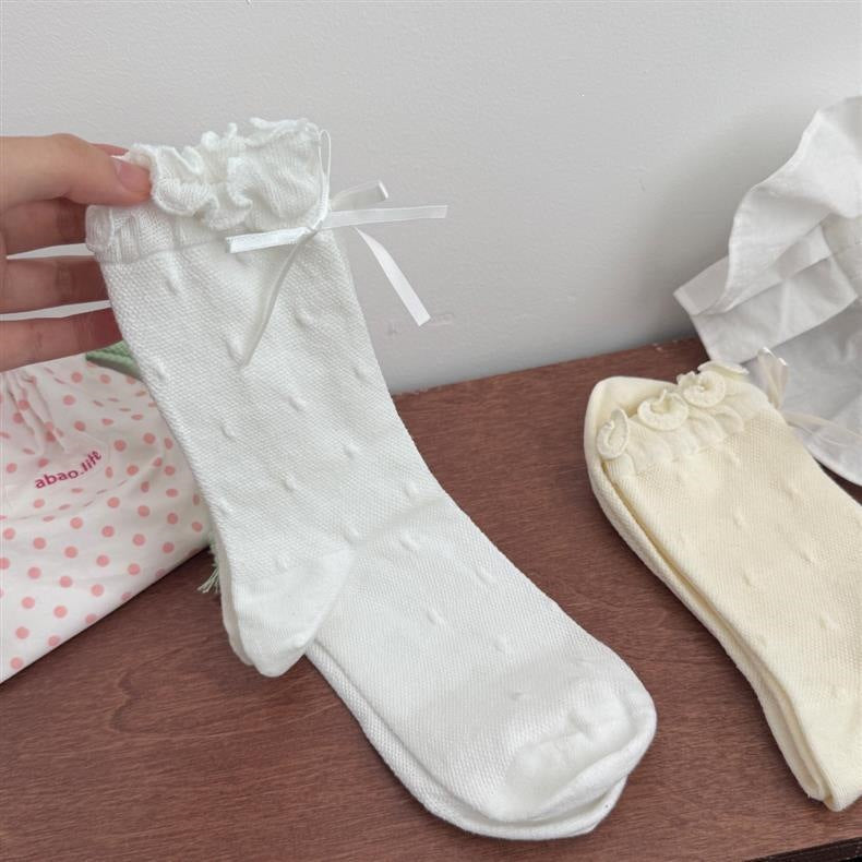 Ruffled Polka Dot Crew Socks for Women | Breathable Bow Socks