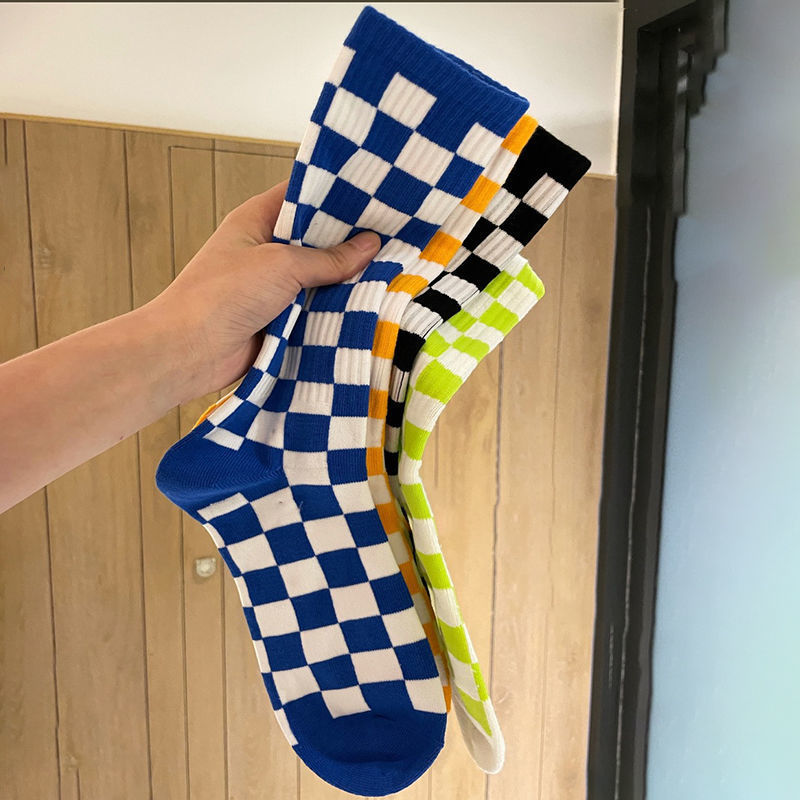 Trendy Checkered Unisex Crew Socks | Casual Breathable Cotton Socks