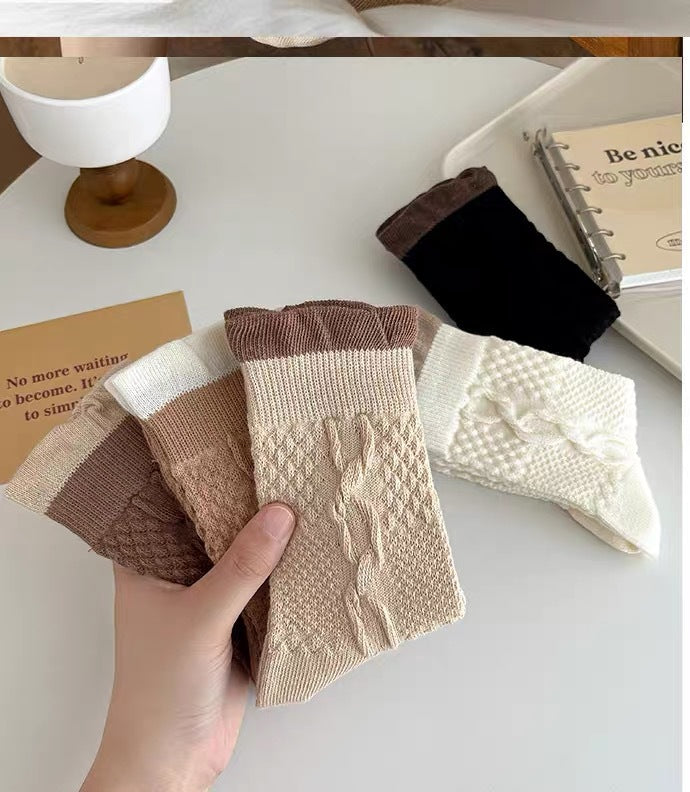 Cable Knit Crew Socks for Women | Breathable Ruffle Trim Cozy Socks