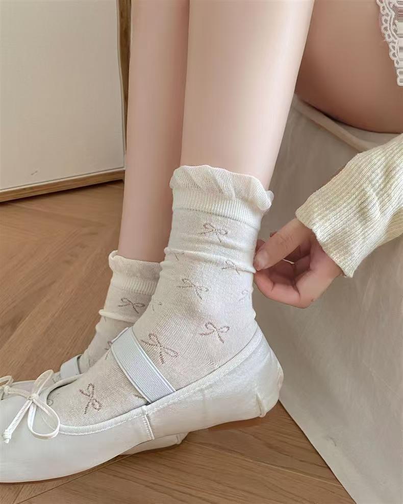 Ruffled Bow Cotton Crew Socks | Balletcore Socks for Women