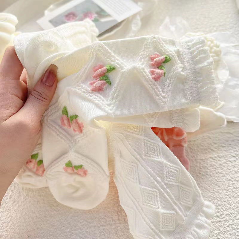 White Ruffle Floral Crew Socks for Women | Cotton JK Style