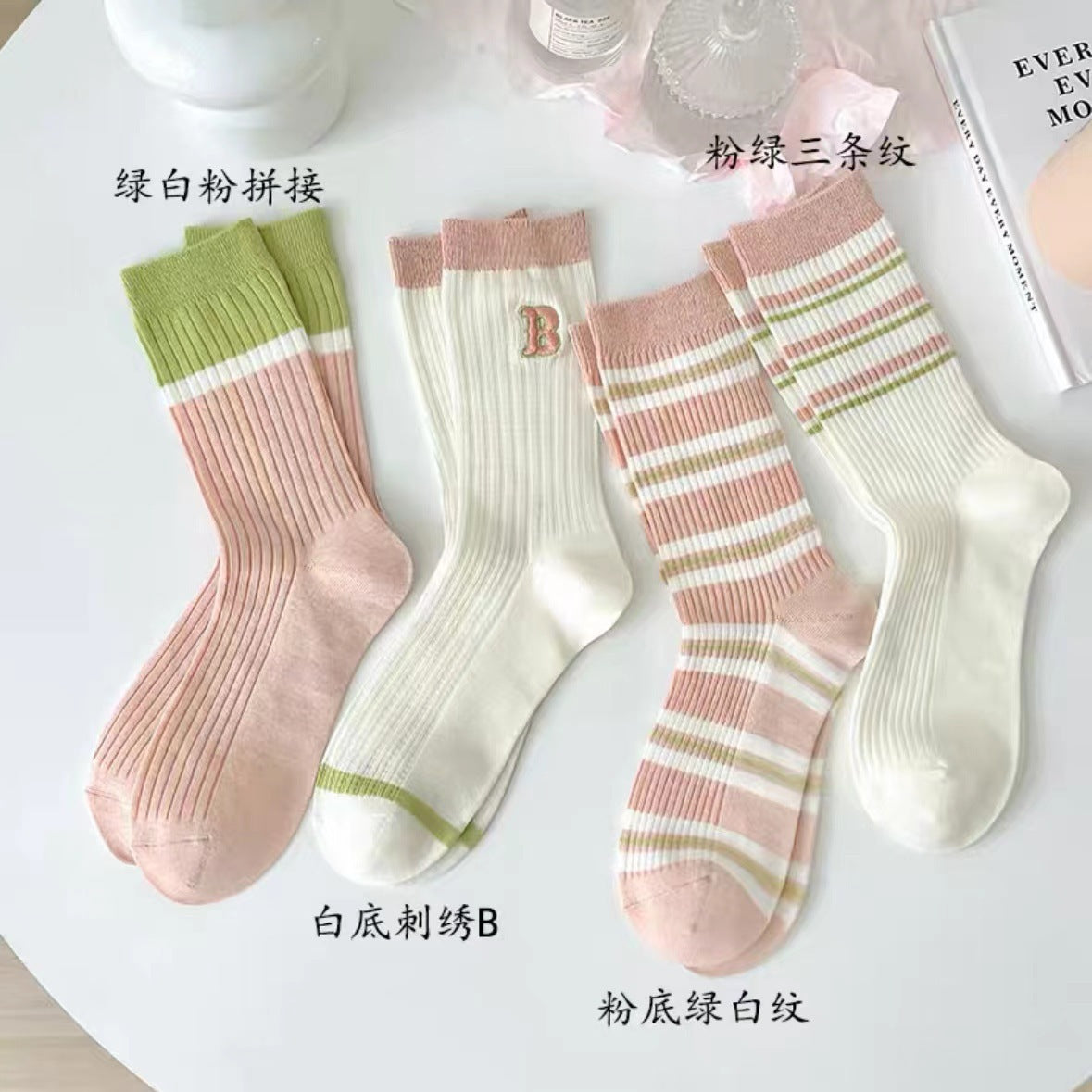 Cotton Crew Socks for Women | Preppy Pastel Embroidered Mid Calf