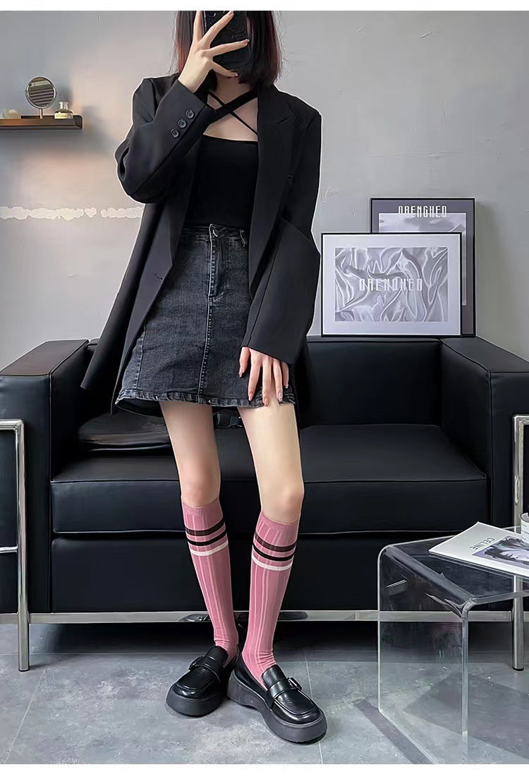 Pink Striped Knee High Socks | Women's Preppy Patterned Calf Socks