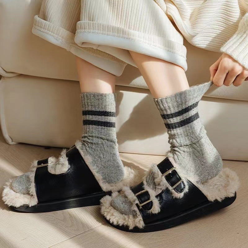 Cable Knit Two-Stripe Cozy Crew Socks for Women
