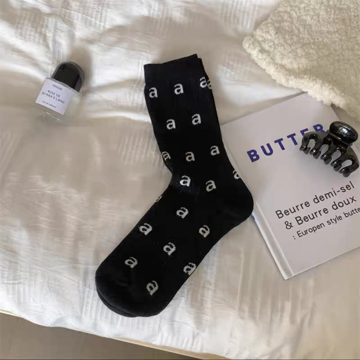 Thin Letter Print Cotton Crew Socks | Casual Socks for Women