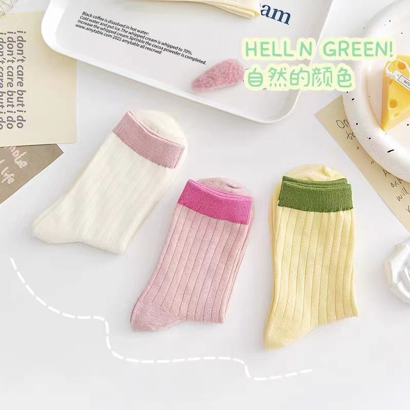 Contrast Cuff Crew Socks for Women | Lightweight Striped Cotton Socks