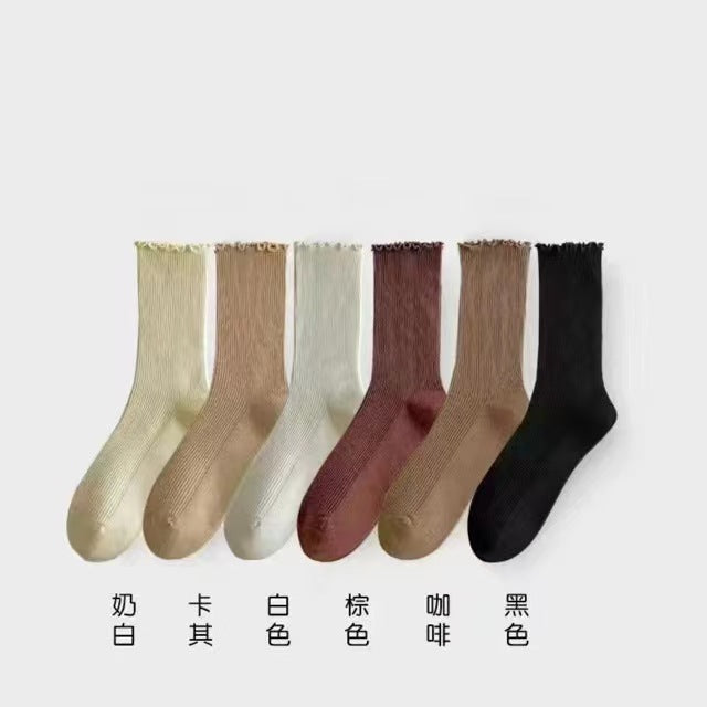 Ruffled Edge Crew Socks for Women | Neutral Cotton Everyday Socks