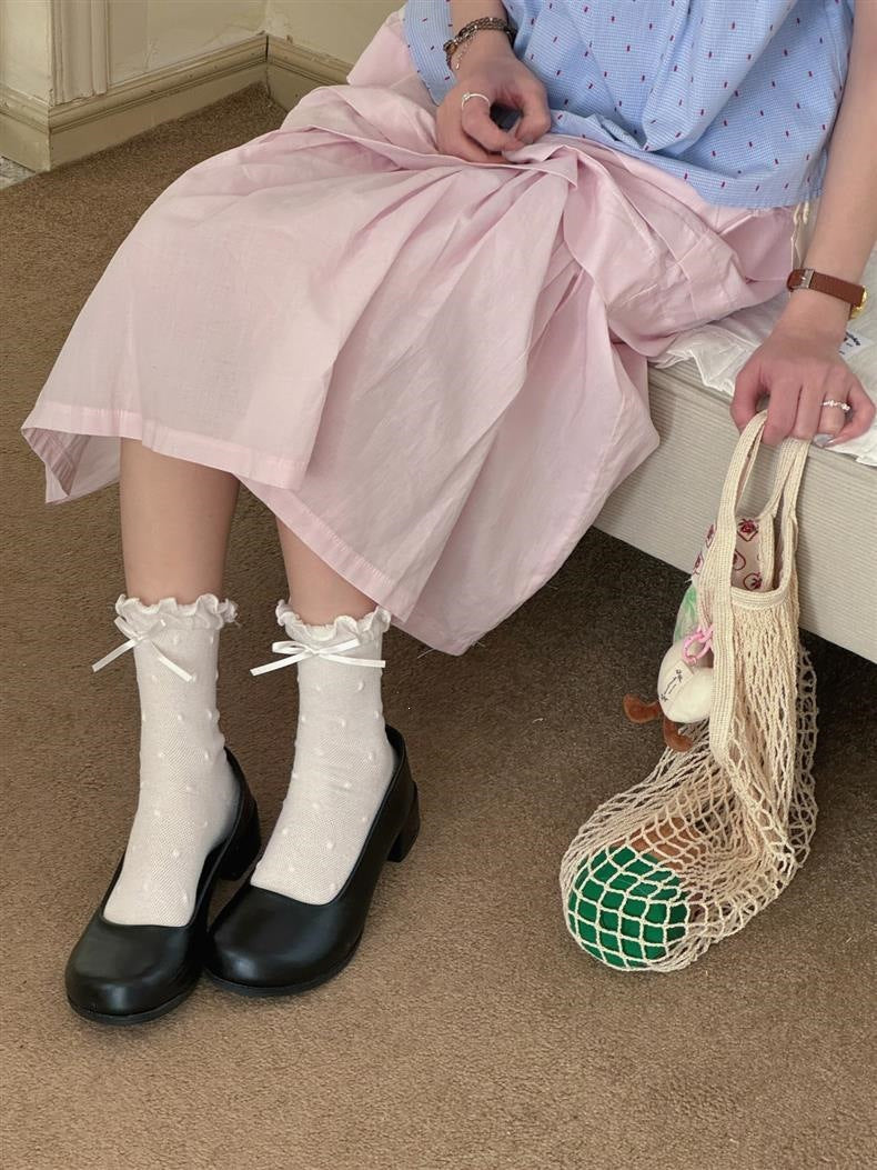 Ruffled Polka Dot Crew Socks for Women | Breathable Bow Socks