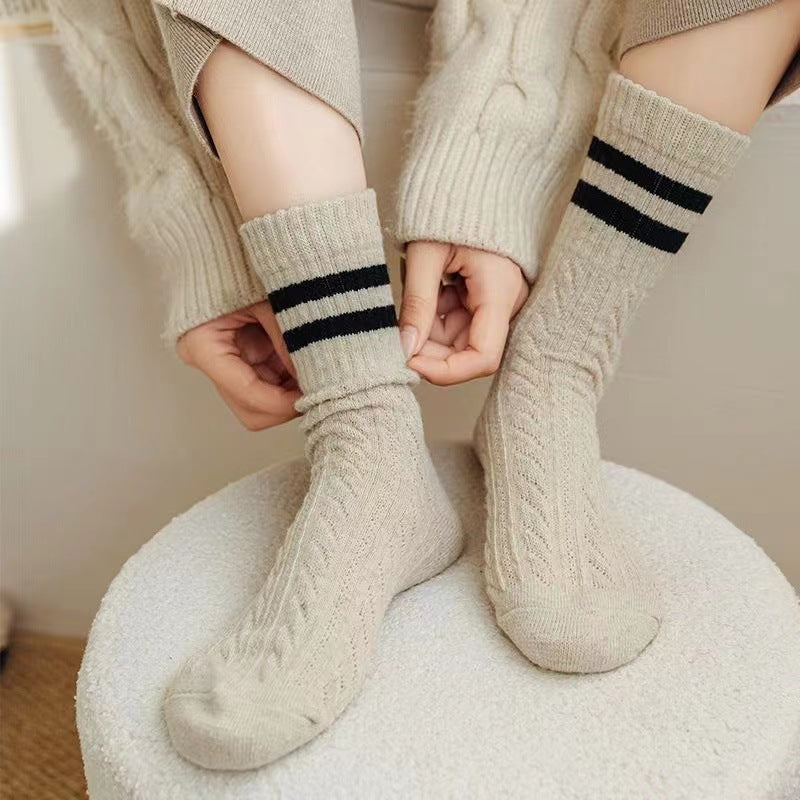 Cable Knit Two-Stripe Cozy Crew Socks for Women