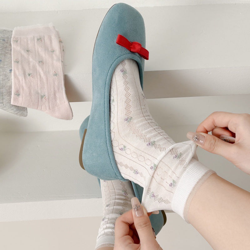 Floral Mesh Cotton Crew Socks for Women | Breathable Spring Summer