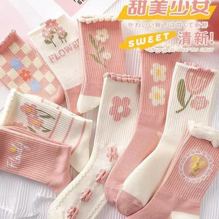 Cute Pink Floral Crew Socks for Women | Soft Cotton Patterned Socks