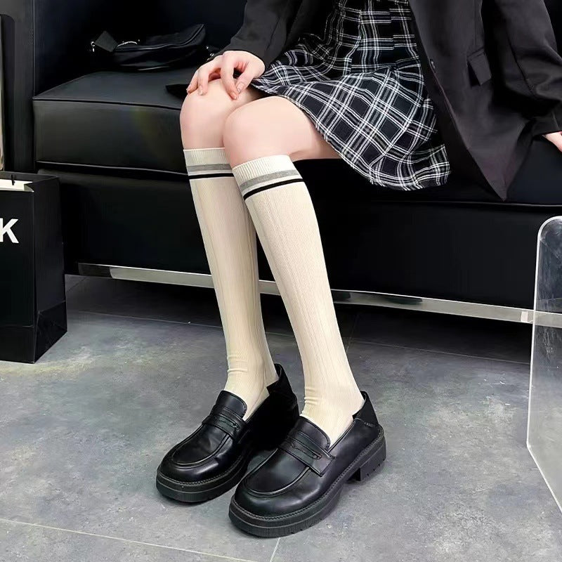 Striped Calf High Socks for Women | Cream Striped Casual Crew