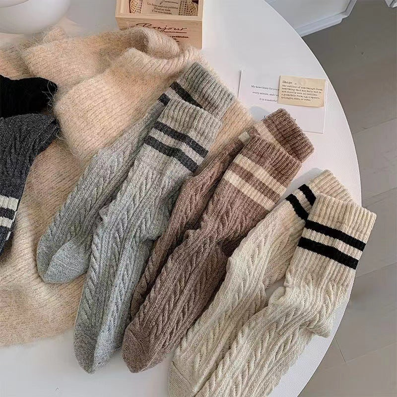 Cable Knit Two-Stripe Cozy Crew Socks for Women