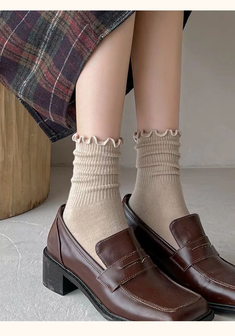 Ruffled Edge Crew Socks for Women | Neutral Cotton Everyday Socks