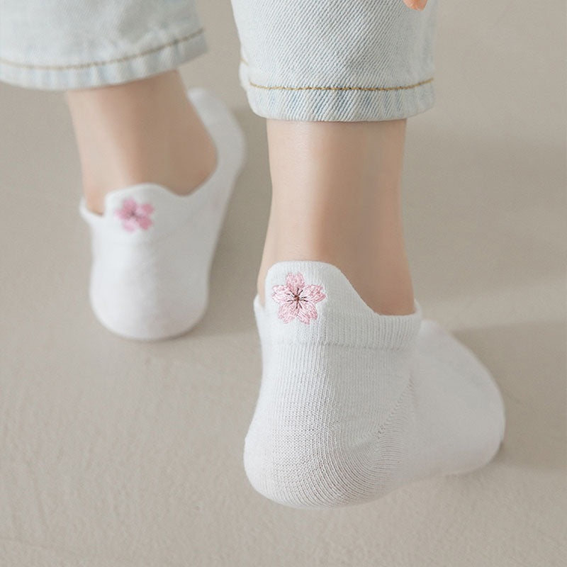 Cute Embroidered No-Show Socks | White Breathable Cotton For Women