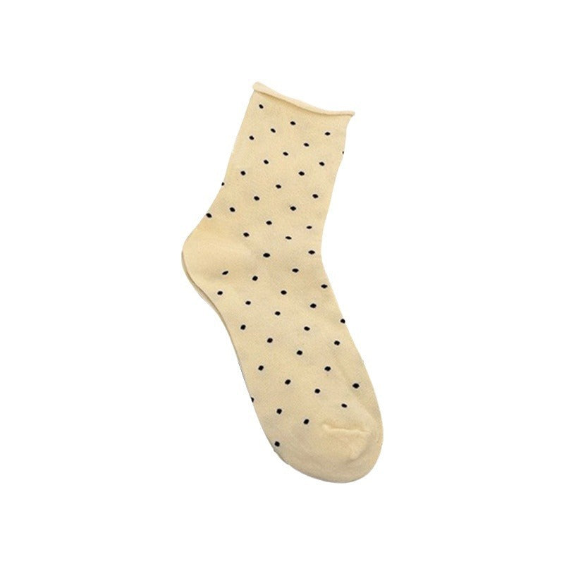 Polka Dot Cotton Crew Socks | Women's Rolled Edge Mid Calf Socks