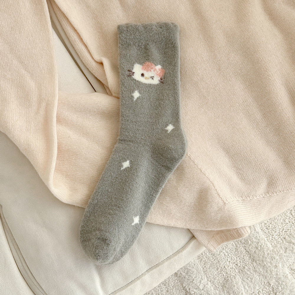Cute Fuzzy Cozy Crew Socks | Hello Kitty Winter Socks for Women