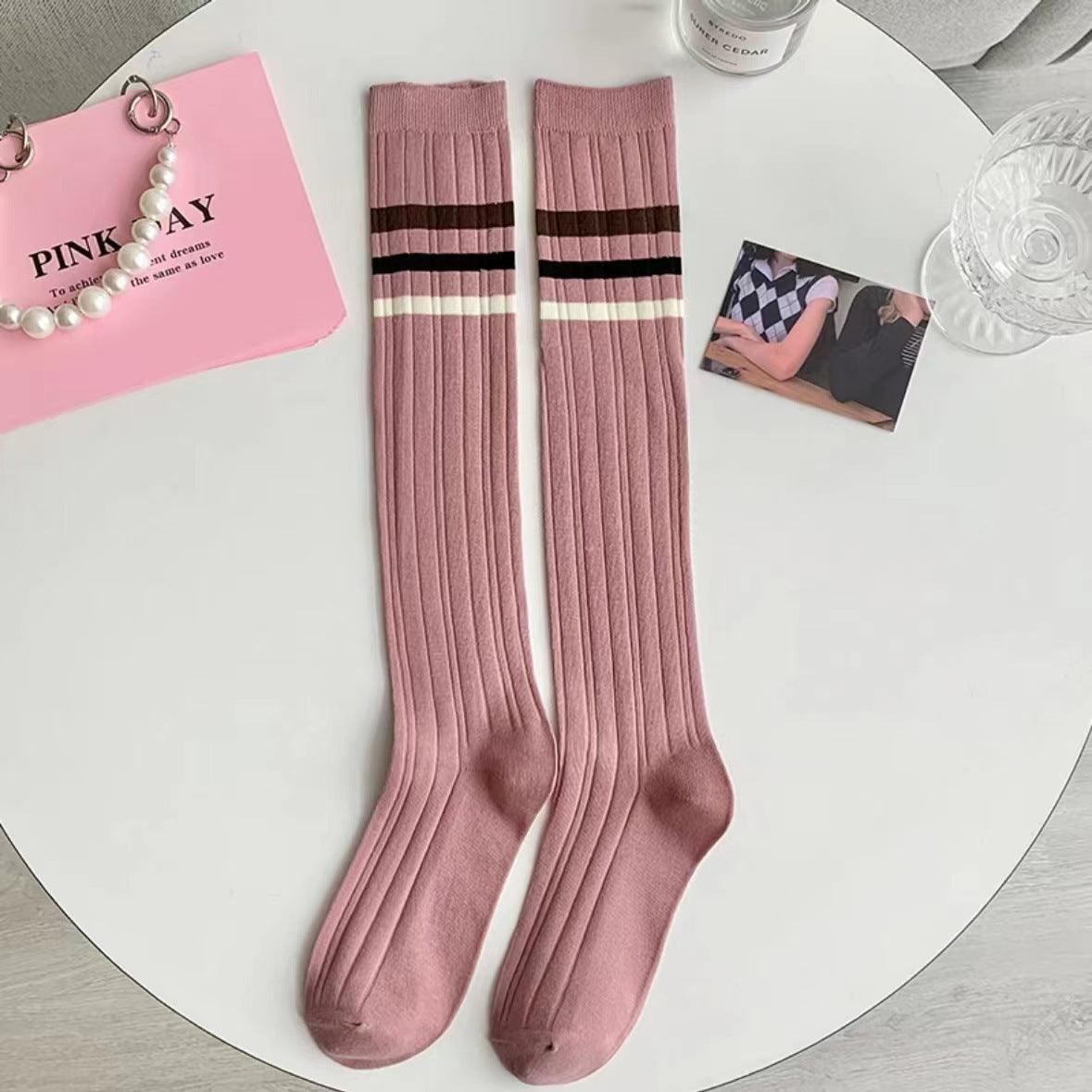 Pink Striped Knee High Socks | Women's Preppy Patterned Calf Socks