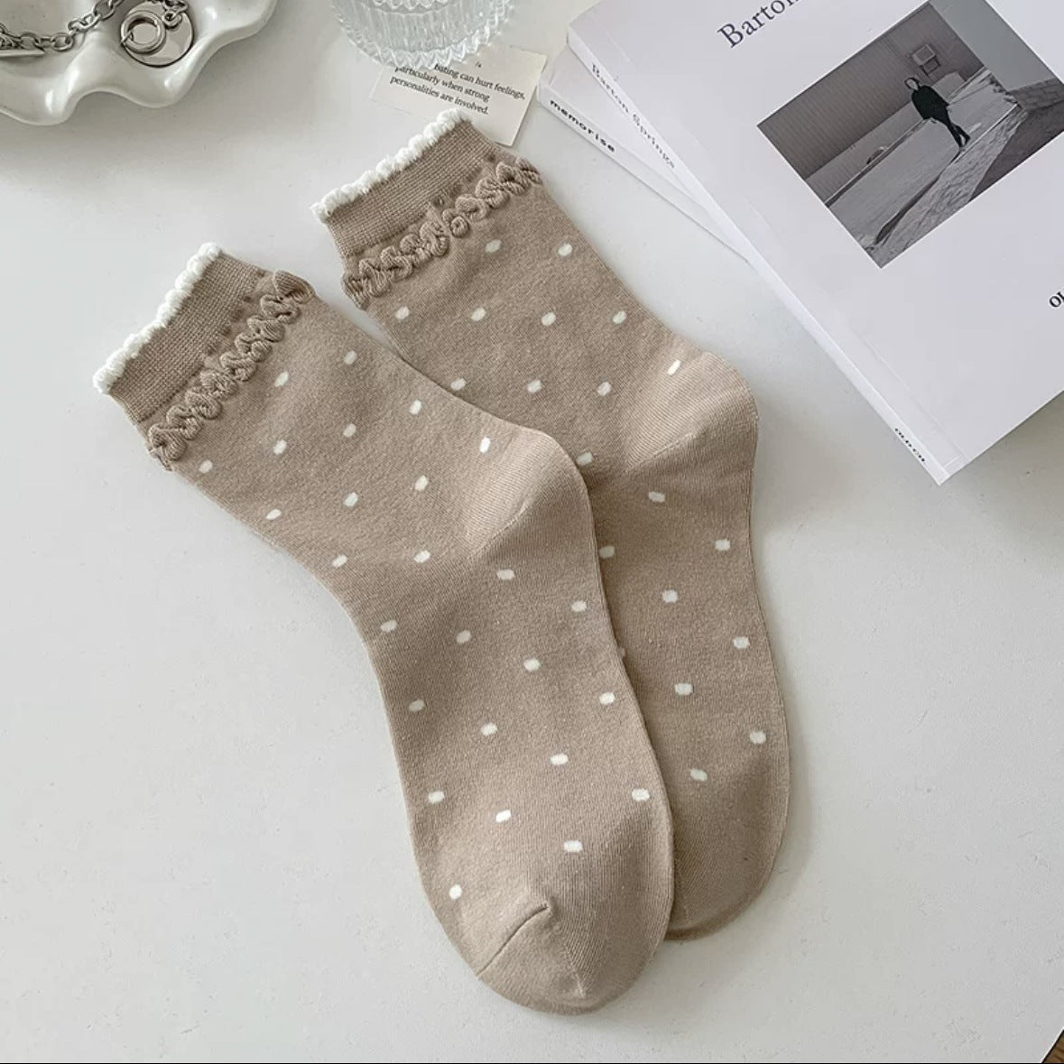 Polka Dot Cotton Crew Socks for Women | Ruffled Lace Trim