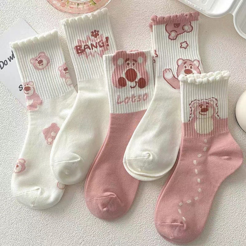 Cute Novelty Crew Socks for Women | Pink Cartoon Cotton Socks