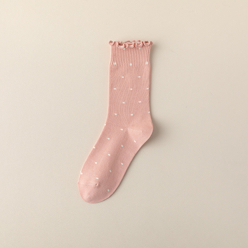 Ruffled Polka Dot Cotton Crew Socks for Women