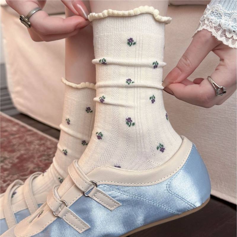 Floral Ruffle Crew Socks for Women | Thin Breathable Spring Socks