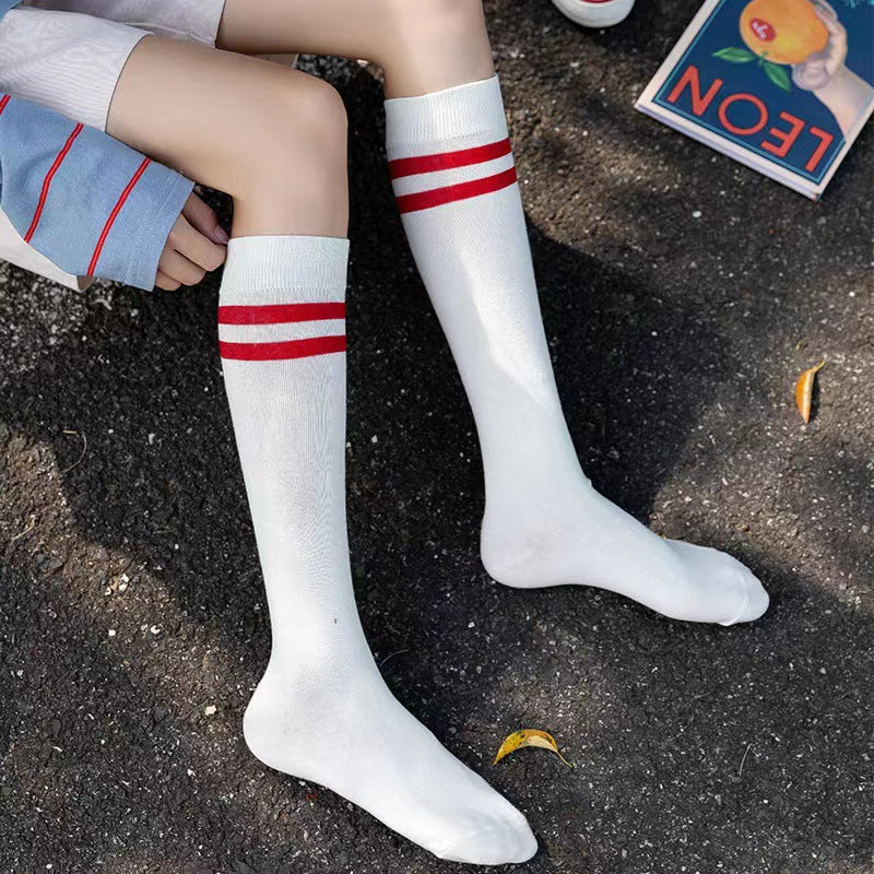 Two-Stripe Athletic Calf Socks | Breathable Cotton Retro Sports Socks