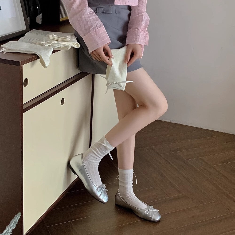 White Bow Crew Socks for Women | Breathable Summer Mid-Calf Socks