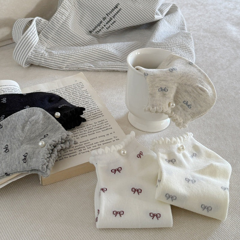 Bow Ruffle Ankle Socks for Women | Thin Summer Patterned Cotton Socks