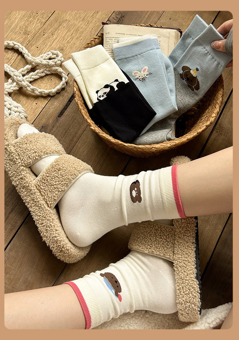 Cute Cartoon Cotton Crew Socks | Seamless Women's Mid Calf Socks
