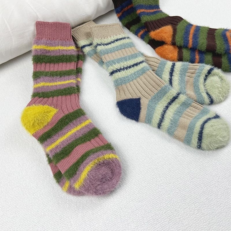 Women's Cozy Fuzzy Striped Crew Socks | Warm Winter Lounge Socks