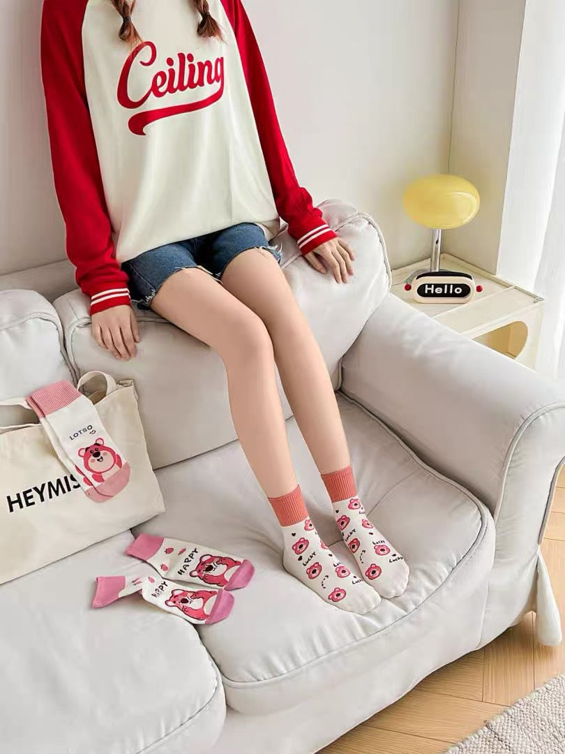 Cute Cotton Novelty Crew Socks | Strawberry Bear Print for Women