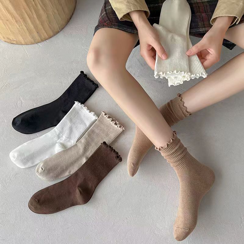 Ruffled Edge Crew Socks for Women | Neutral Cotton Everyday Socks