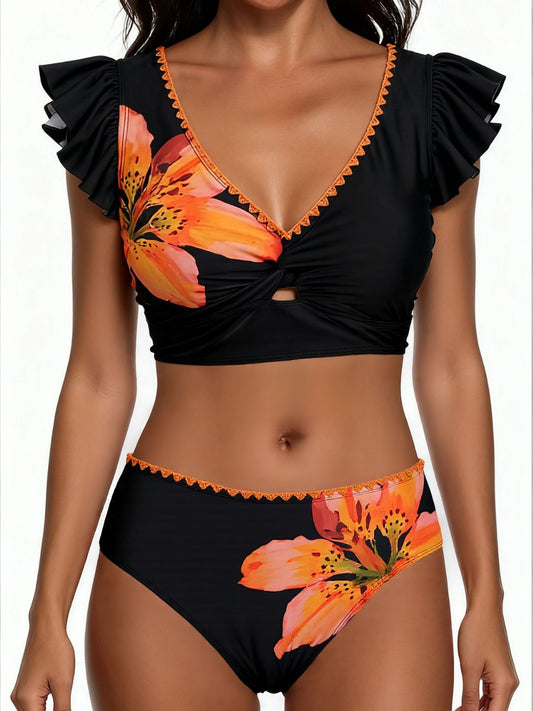 Ruffled Floral High-Waist Bikini Set | Women's Black Swimwear