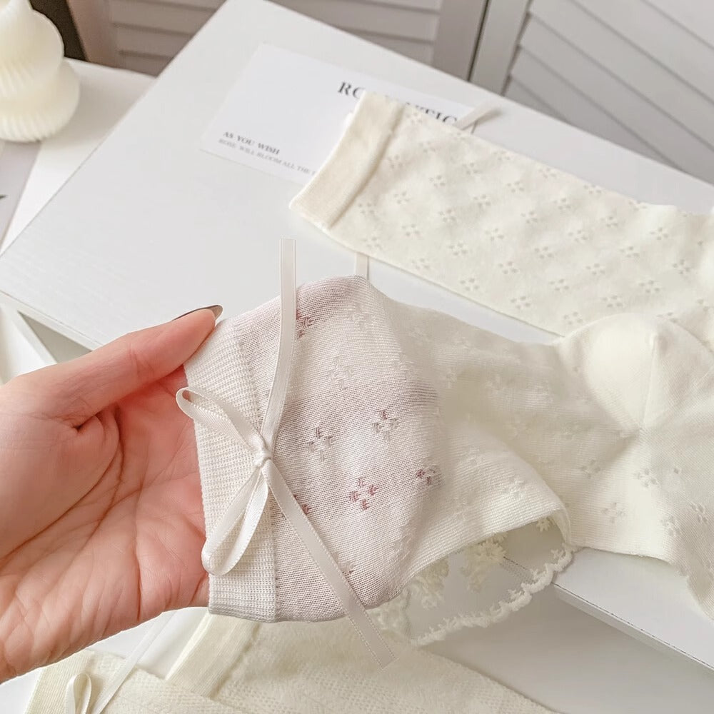 White Bow Crew Socks for Women | Breathable Summer Mid-Calf Socks