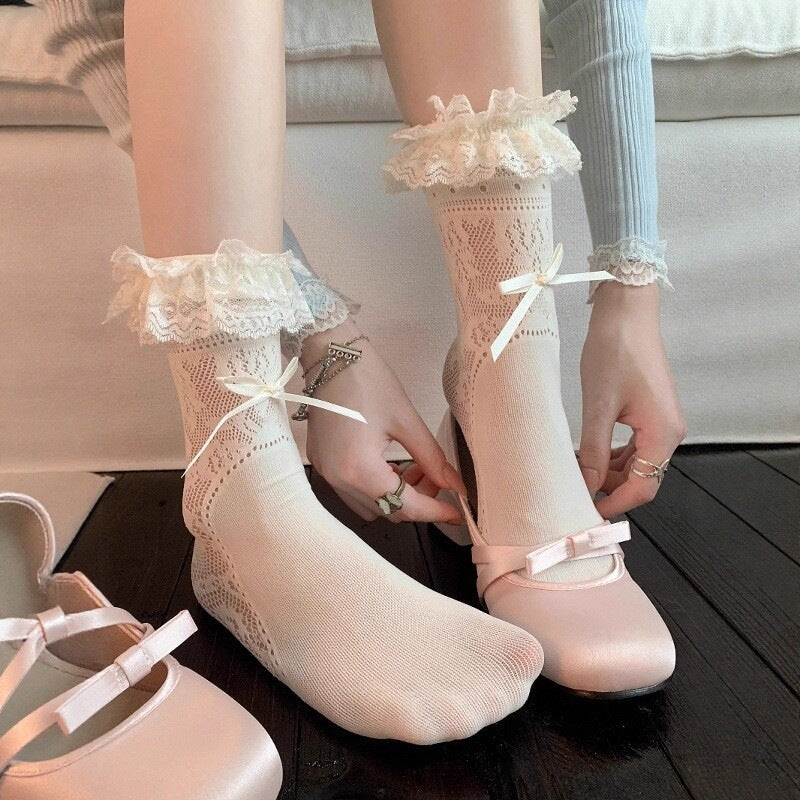 Lace Bow Crew Socks | Women's Ballet Summer Socks for Mary Janes