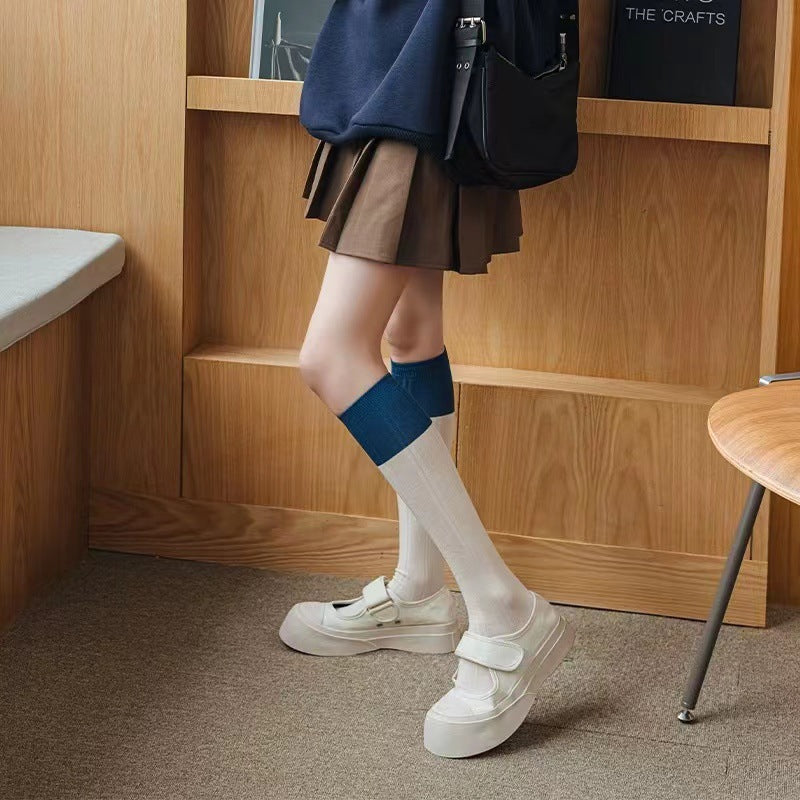 Blue Striped Calf High Socks | Preppy JK Style Women's Socks